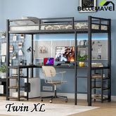 Bellemave® Metal Loft Bed with Desk and Shelves, Ladder and Guardrails - Bellemave