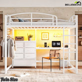 White twin-size metal loft bed with integrated desk and fabric drawer storage