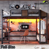 Bellemave® Metal Loft Bed with L-Shaped Desk, LED Light Strips, USB Ports, Clothes Hanging Rod and Multi Storage Shelves - Bellemave