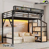 Bellemave® Metal Loft Bed with Storage Stairs, Shelves and Built - in Wardrobe, USB Ports and LED Lights - Bellemave