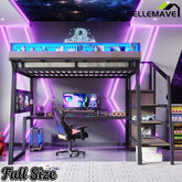 Bellemave® Metal Loft Bed with Storage Stairs, USB Ports, LED Lights, Pegboard & Built-in Wardrobe, Noise-Reduced Design, Black - Bellemave