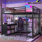 Bellemave® Metal Loft Bed with Wardrobe and L - shaped Desk, Storage Cubes and Shelves - Bellemave
