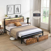 Bellemave® Metal Platform Bed with Storage Headboard and 2 Drawers, LED Lights with Charging Station - Bellemave