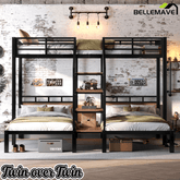 Bellemave® Metal Triple Bunk Bed with Shelf, Storage Stairs & Safety Guardrails, Black - Bellemave