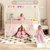 Bellemave® Metal Twin Size House Loft Bed with Slide & Curtain Set,Low Loft Bed Frame with Pennant Banner Flag & Star Stickers, Kids Loft Bed with Slide - Bellemave