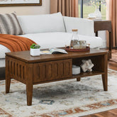 Bellemave® Mid Century Modern Fluted Coffee Table with Storage Sliding Door & Solid Wood Leg - Bellemave