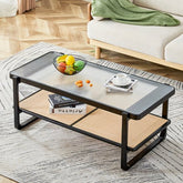 Bellemave® Modern Minimalist Rectangular Double Layer Black Solid Wood Imitation Rattan Coffee Table with Craft Glass Table Top - Bellemave