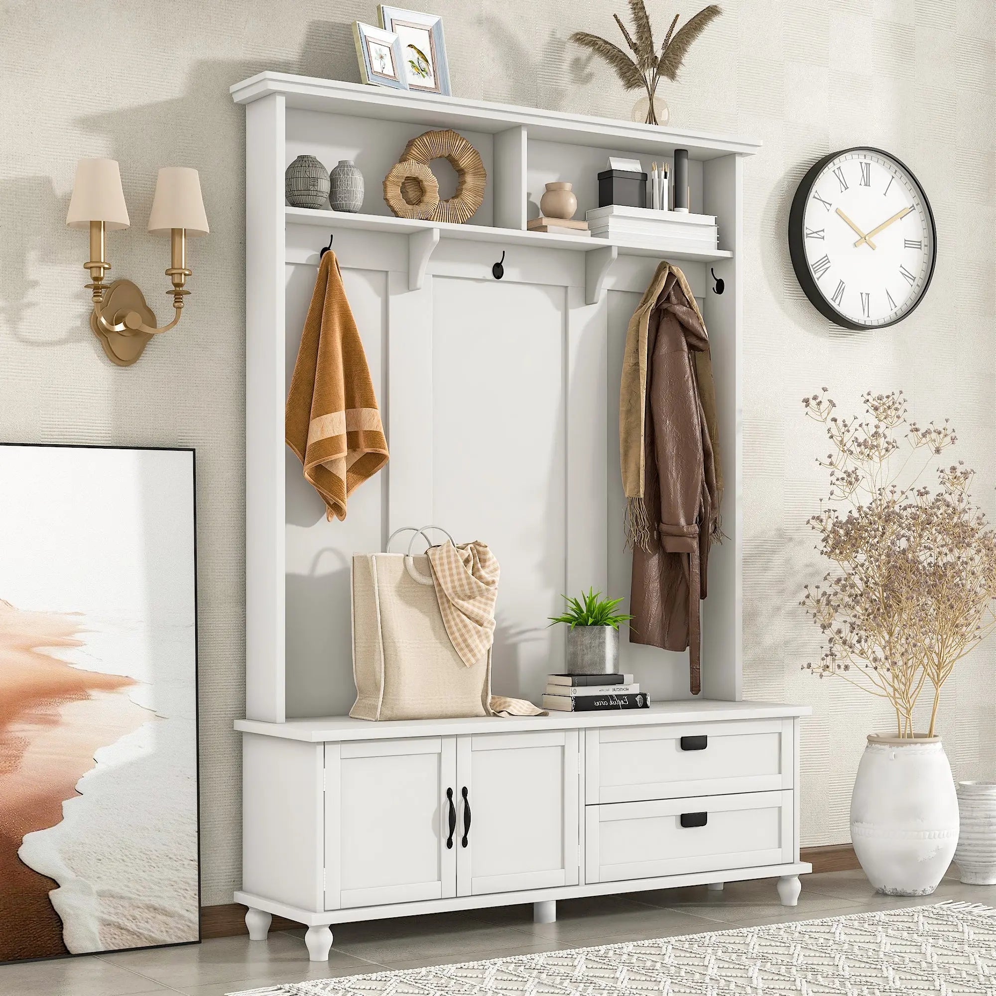 Hall Tree Entryway Armoire With Bench And Shoe Storage Coat Rack