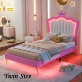 Bellemave® Modern Upholstered Princess Bed with Crown Headboard and LED Lights - Bellemave
