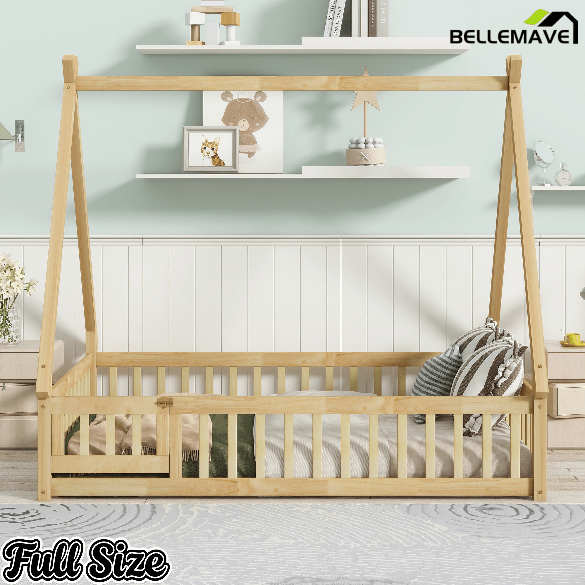 Bellemave Twin Size Kids Tent Shaped Floor Bed Teepee Bed Frame with Guardrails Door Wooden Slats Low Profile Platform Bed for Children Bedroom