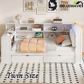 Bellemave® Multifunctional Wood Platform Bed with Storage Shelves, Drawers, Charging Station, LED, Desk and Upholstered Headboard - Bellemave