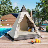 Bellemave® Outdoor Sunbed with Cushions and Colorful Pillows,Tent Shape Wicker Patio Daybed 90.5"" Length Lounge Bed for Patio Lawn Garden Backyard Porch Pool(Gray+Blue ) - Bellemave