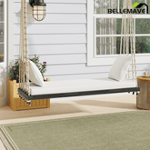 Bellemave® Outdoor Wooden Porch Swing – 2 - Seat Hanging Bench with Cushion & Pillows, Brown - Bellemave