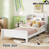 Bellemave® Pine Wood Bed with Bookcase Headboard ,LED Motion Sensor Light and Guardrails - Bellemave