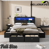 Bellemave® Platform Bed with Headboard, 8 Storage Drawers & Shelf, Built - in Charging Station & LED Lights, No Box Spring Needed - Bellemave