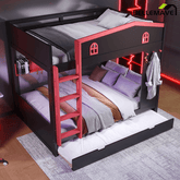 Bellemave® Queen Over Queen Bunk Bed with Trundle & Hooks, Wooden Floor Bunk Beds Frame with Storage Shelves & Ladder for Kids Teens, Black+Red - Bellemave