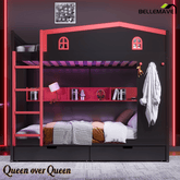 Bellemave® Queen Over Queen Bunk Bed with Trundle & Hooks, Wooden Floor Bunk Beds Frame with Storage Shelves & Ladder for Kids Teens, Black+Red - Bellemave