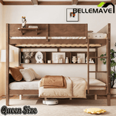 Bellemave® Queen over Queen Size Wooden Bunk Bed Frame with Convenient Tray & Built - in Storage Shelves - Bellemave