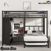 Bellemave® Queen Over Twin Metal Bunk Bed with Built - in Wardrobe, Trundle & Desk for Kids, Teens, Adults, Black - Bellemave