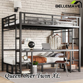Bellemave® Queen over Twin XL Metal Bunk Bed/Loft Bed with Desk and Shelves, Multiple Uses Folds into Sofa with LED and USB - Bellemave