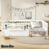 Bellemave® Queen Size Floor Bed for Kids with Heightened Safety Fence & Bookshelf, Low Profile Wood Platform Bed Frame with Storage, White - Bellemave