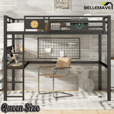Bellemave® Queen Size Heavy Duty Metal Loft Bed with Desk, Side Clock, Charging Station & Pegboard for Kids,Teens,Adults, Black - Bellemave