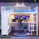 Bellemave® Queen Size Loft Bed with Built - in Wardrobe, Metal Loft Bed Frame with Desk and Storage Shelves, Black - Bellemave