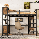 Bellemave® Queen Size Loft Bed with Desk, Wardrobe, Storage Cubes and Shelves, Metal Queen Loft Bed Frame for Adults, Kids, Teens, Black and Woodgrain - Bellemave