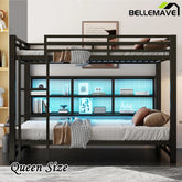 Bellemave® Queen Size Metal Bunk Bed with Storage Cabinets and LED Light - Bellemave