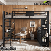 Bellemave® Queen Size Metal Loft Bed with Desk, Storage Shelves & Clothesline Pole, Storage pegboard, Laundry Bag,for Adults, Kids, Teens, Black - Bellemave