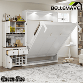Bellemave® Queen Size Multifunction Murphy Bed with Storage Cabinet,Hideaway Beds with Wine Rack, Glass Holder, Drawers & Multi - Color LED Strip, White - Bellemave