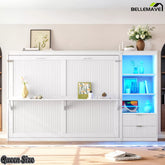Closed white Queen Murphy bed cabinet with integrated side shelving