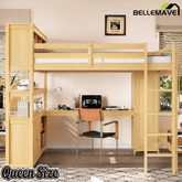 Bellemave® Queen Size Wooden Loft Bed with L - Shaped Desk, Wardrobe, Bookshelf & Bookcase Headboard for Teens Adults, White - Bellemave