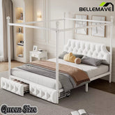 Bellemave® Queen Upholstered Canopy Bed Frame with 2 Drawers, Headboard & Storage, Four-Poster Metal Platform Bed Frame, White - Bellemave