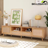 Bellemave® Rattan TV Stand for TVs up to 85'' & 90'', Boho Entertainment Center with 2 Doors & 2 Drawers, Solid Wood Feet, Vintage Console Table for Living Room - Bellemave