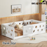 Bellemave® Solid Wood Floor Bed with Heightened Safety Guardrails and Door(No Slats Included) - Bellemave