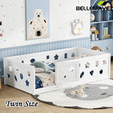 Bellemave® Solid Wood Floor Bed with Heightened Safety Guardrails and Door(with Slats) - Bellemave