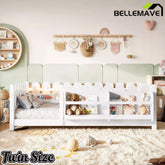 Bellemave® Solid Wood Montessori Floor Bed with High Fence Guardrails, Bookshelf & LED Light, Low Profile Kids Bed Frame - Bellemave