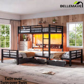 Bellemave® Triple Bunk Bed with Built-in Storage - Space Saving L-Shaped Loft Bed with LED Lighting & USB Ports for Kids, Twin over Twin & Twin, Black - Bellemave