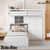 Bellemave® Twin Bunk Bed with Drawers, Wood Twin Over Twin Bunk Bed with Wardrobe, Storage Shelves & Hydraulic Bed - Bellemave