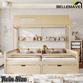 Bellemave® Twin House Bed, Double Twin Platform Bed with 2 Drawers & Shelves, Two Share Beds with Guardrails, Double Bed for Twins - Bellemave
