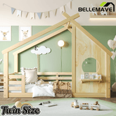 Bellemave® Twin House Bed for Kids with Full - Length Guardrails & Slats, Wood Montessori Floor Bed Frame with Window & Shelf, No Box Spring Needed - Bellemave