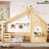 Bellemave® Twin House Bed for Kids with Full - Length Guardrails & Slats, Wood Montessori Floor Bed Frame with Window & Shelf, Twin Size Floor Bed for Bedroom, No Box Spring Needed, Grey - Bellemave