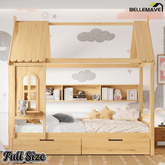 Bellemave® Twin House Bed with Drawers and Window, Solid Wood House Platform Bed with Shelves, Twin Bed Frame with House - shaped Roof for Kids, Boys, Girls, No Box Spring Needed and Childlike Design, Natural - Bellemave