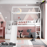 Bellemave® Twin Kids Wooden Loft Bed with Storage Stairs & Slide & 2 Drawers, White - Bellemave