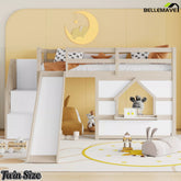 Kids low loft bed with slide and playhouse window