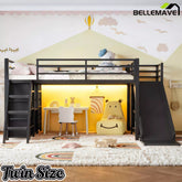 Bellemave® Twin Metal Loft Bed with Slide, 7 Drawers & LED Lights — Storage Shelves & Hanging Area for Kids - Bellemave