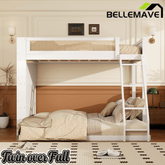 Bellemave® Twin Over Full Bunk Bed with 4 - Tier Storage Shelves & LED, Wood Bunk Bed with Rattan Guardrail & Ladder for Kids, Teens & Adults - Bellemave