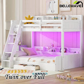 Bellemave® Twin over Full Bunk Bed with Storage Shelves, LED, Charging Station and a Drawer - Bellemave