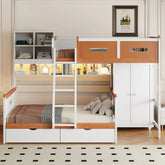 Bellemave® Twin Over Full Wooden Bunk Bed with Wardrobe, Drawers, Shelves and LED Light - Bellemave